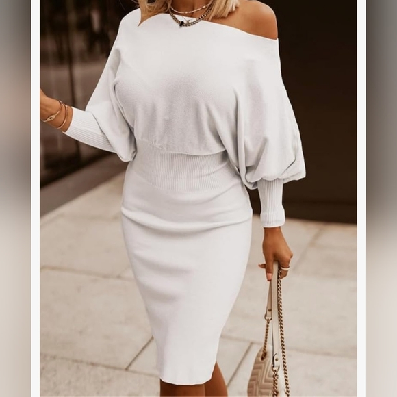 Dokotoo Women's Elegant Off Shoulder Long Lantern Sleeve Sweater Dress Elastic - Picture 5 of 6